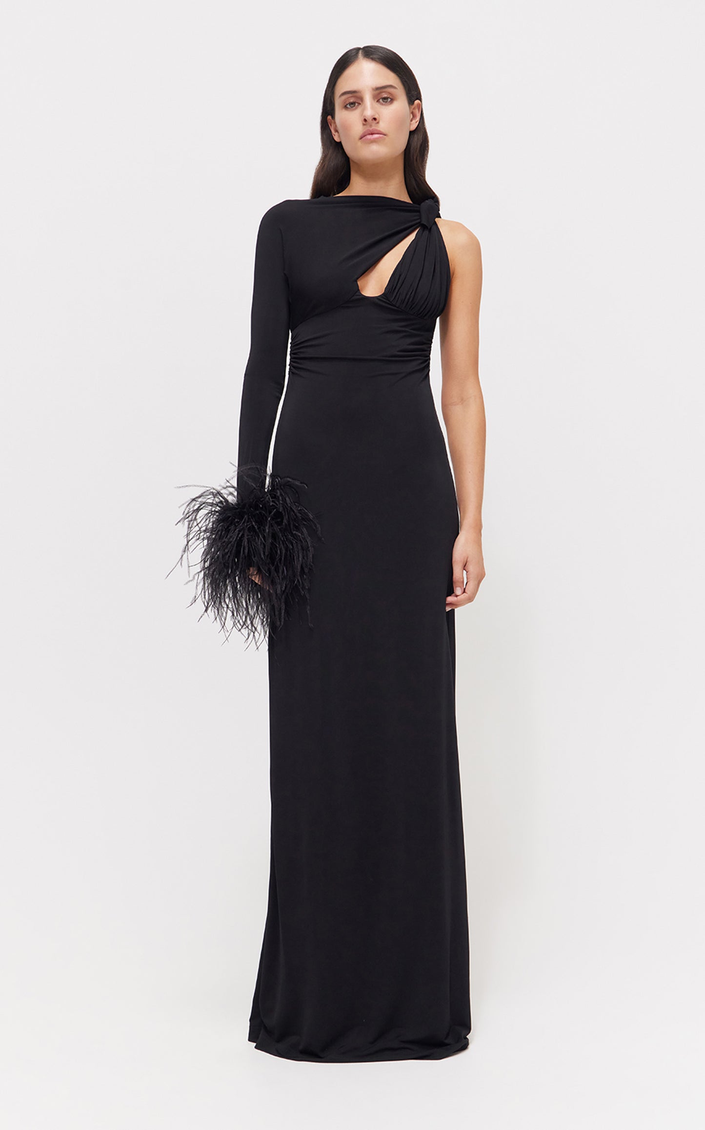 One Sleeve Feather Maxi Dress Black HV1081