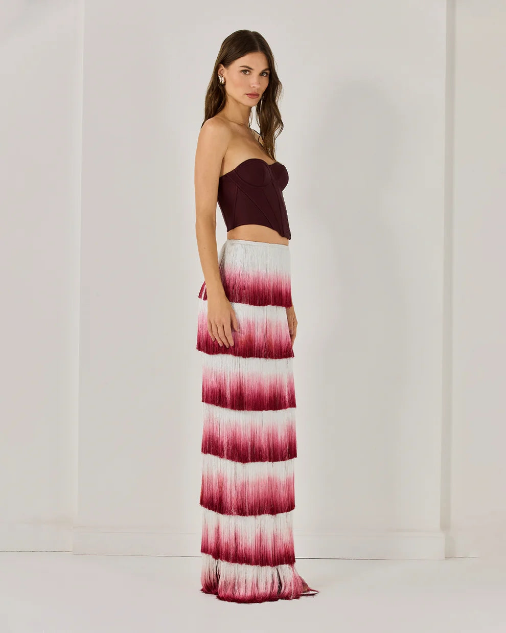 Strapless Tassel Two Piece Maxi Dress Burgundy HV2598