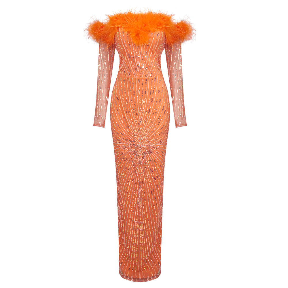 Long Sleeve Feather Bardot Sequin Maxi Dress HV1757