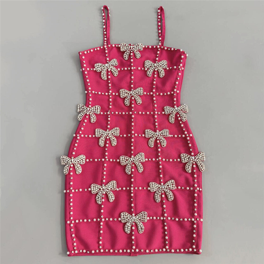 Crystal Pearl Embellished Dress Hot Pink HV2784
