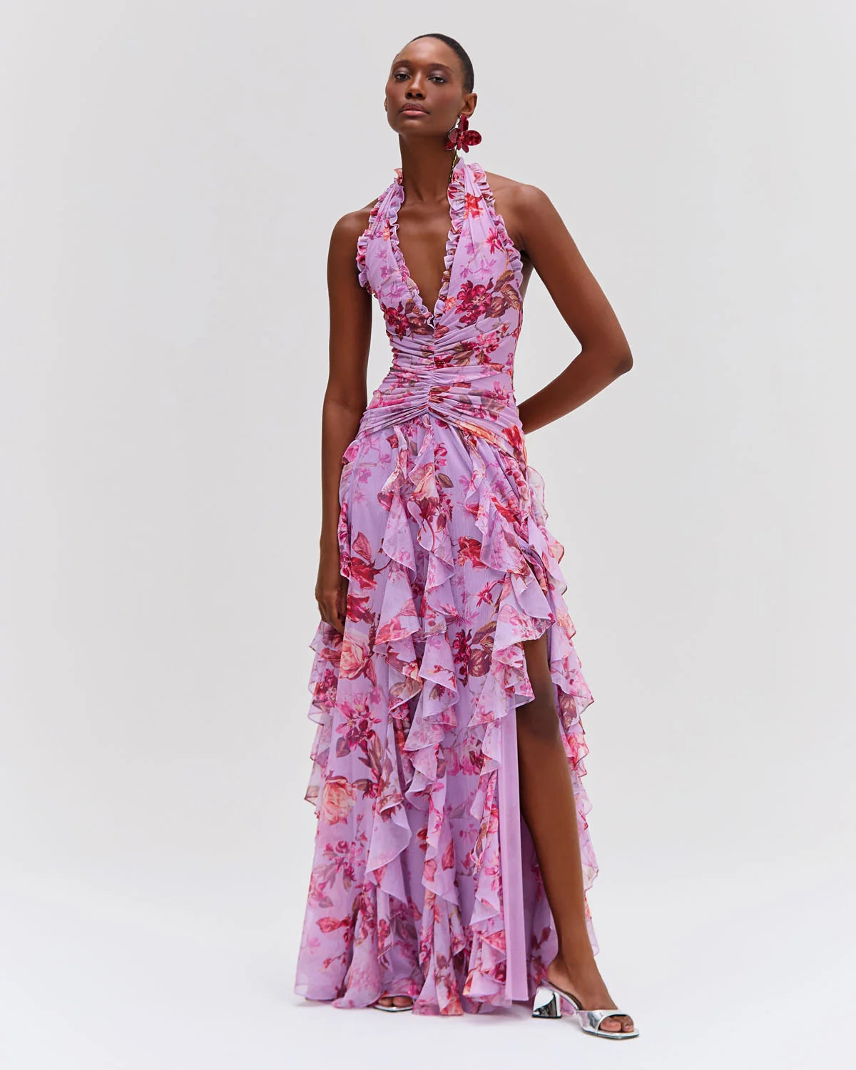 Halter Floral Ruffle Maxi Dress Pink HV2137