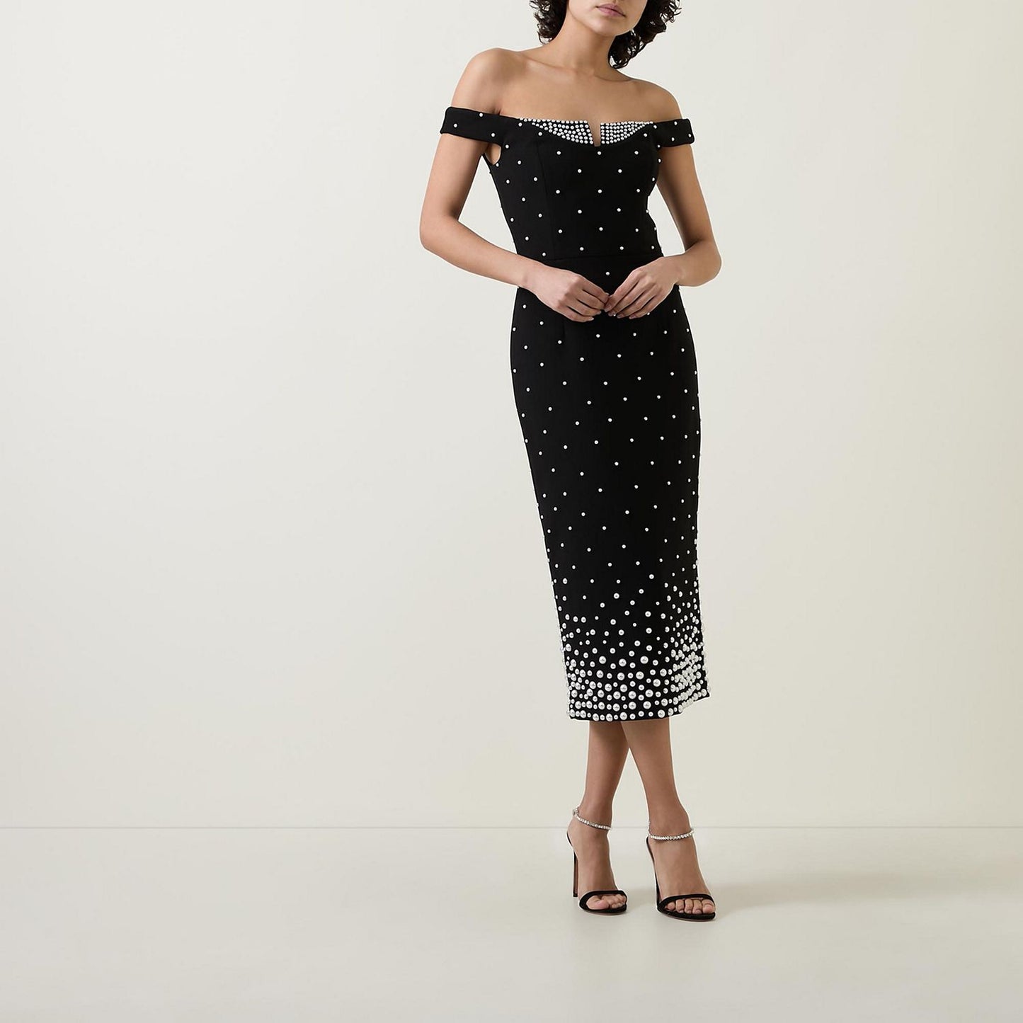 Pearl Bardot Midi Dress Black HV1770