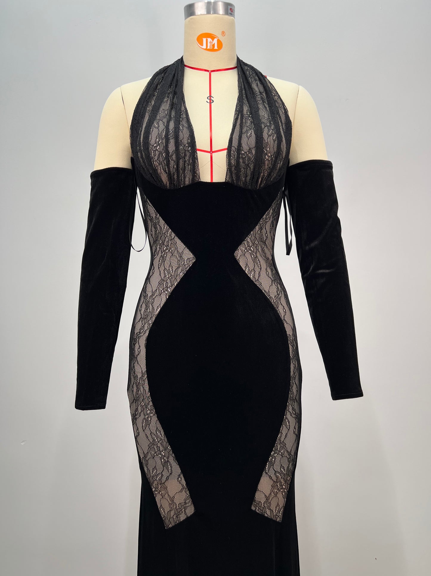 Long Sleeve Halter Lace Maxi Velvet Dress HV2048