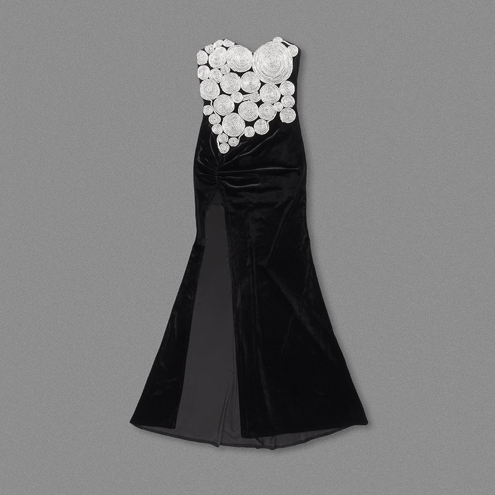 Strapless Crystal Spiral Maxi Velvet Dress Black HV2018