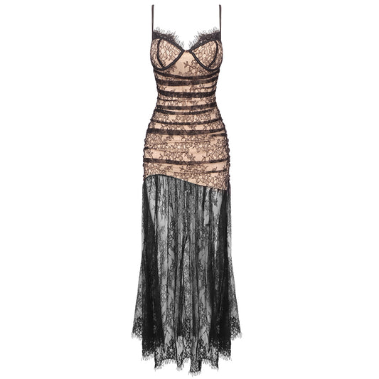 Lace Corset A Line Maxi Dress Black Nude HV1766