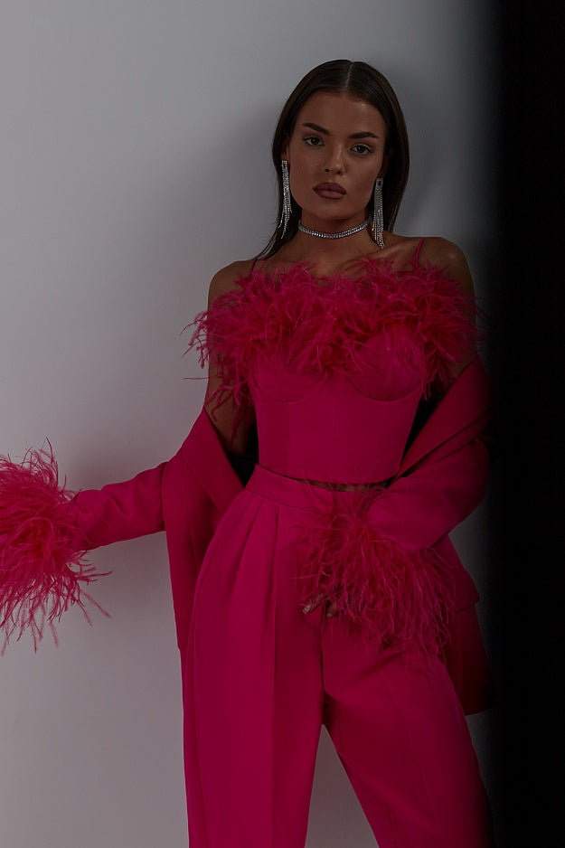 Long Sleeve Feather Detail Suit Hot Pink HV1267