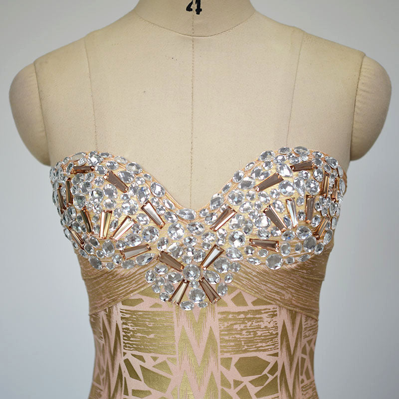 Strapless Crystal Woodgrain Foil Print Dress Gold HV1663