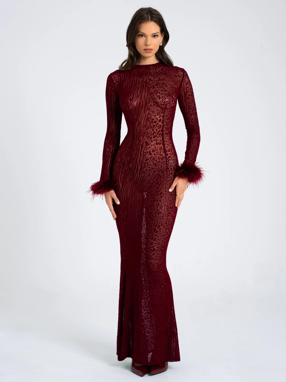 Long Sleeve Backless Maxi Dress Burgundy HV1902