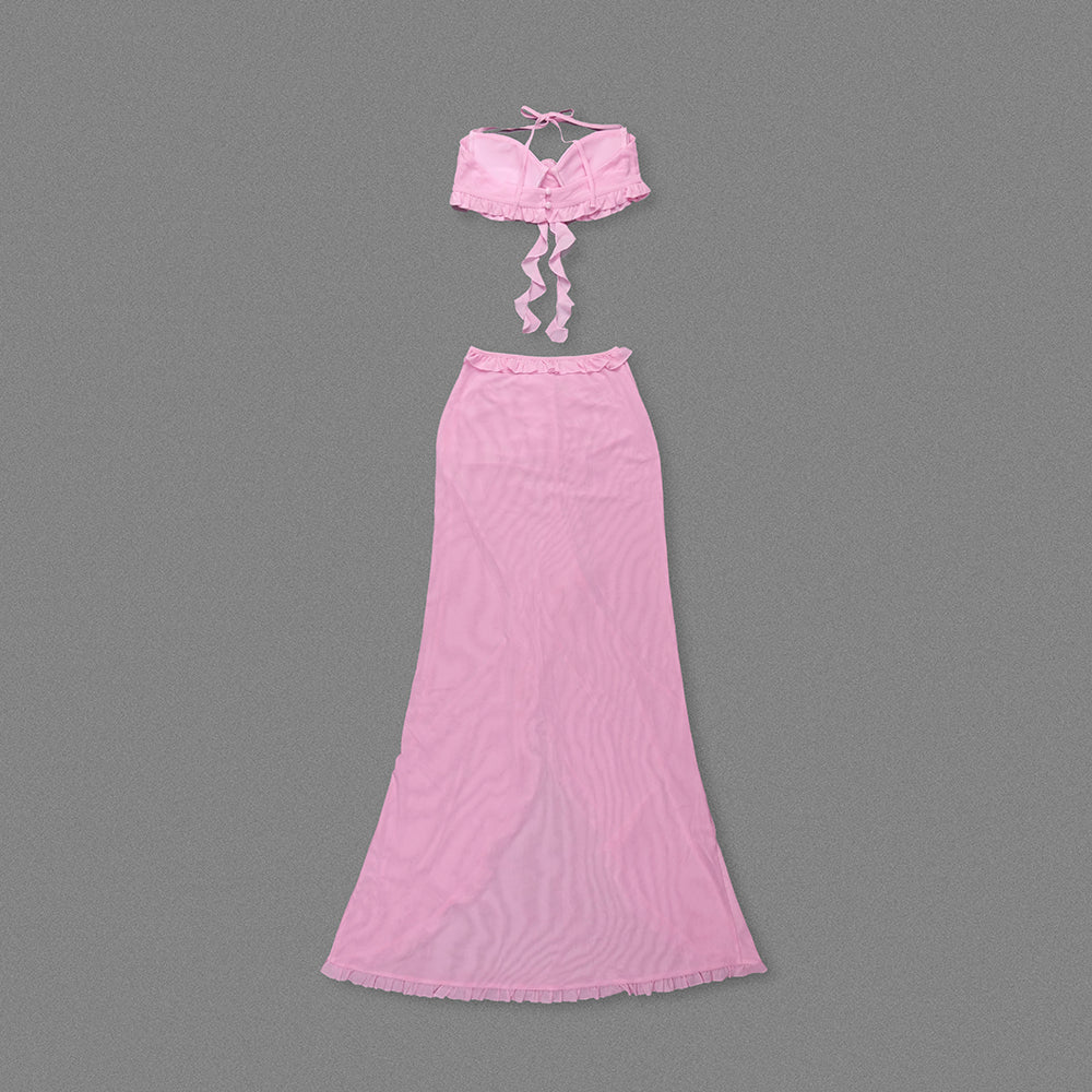 Halter Floral Ruffle Two Piece Maxi Dress Pink HV1510