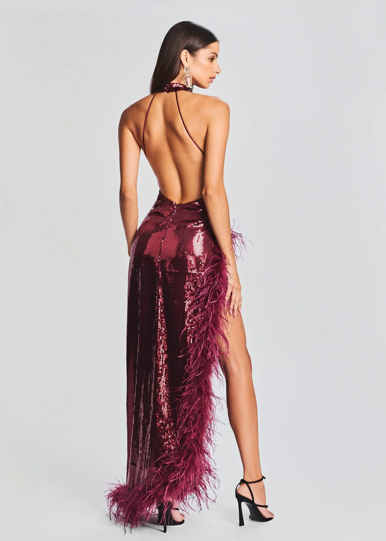 Halter Sequin Feather Maxi Dress Red
