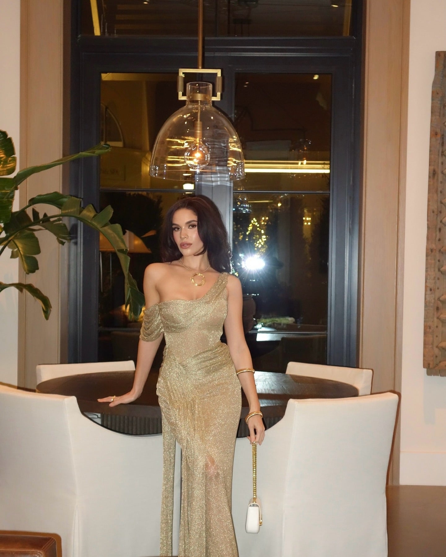 One Shoulder Draped Maxi Dress Gold Nude HV2070