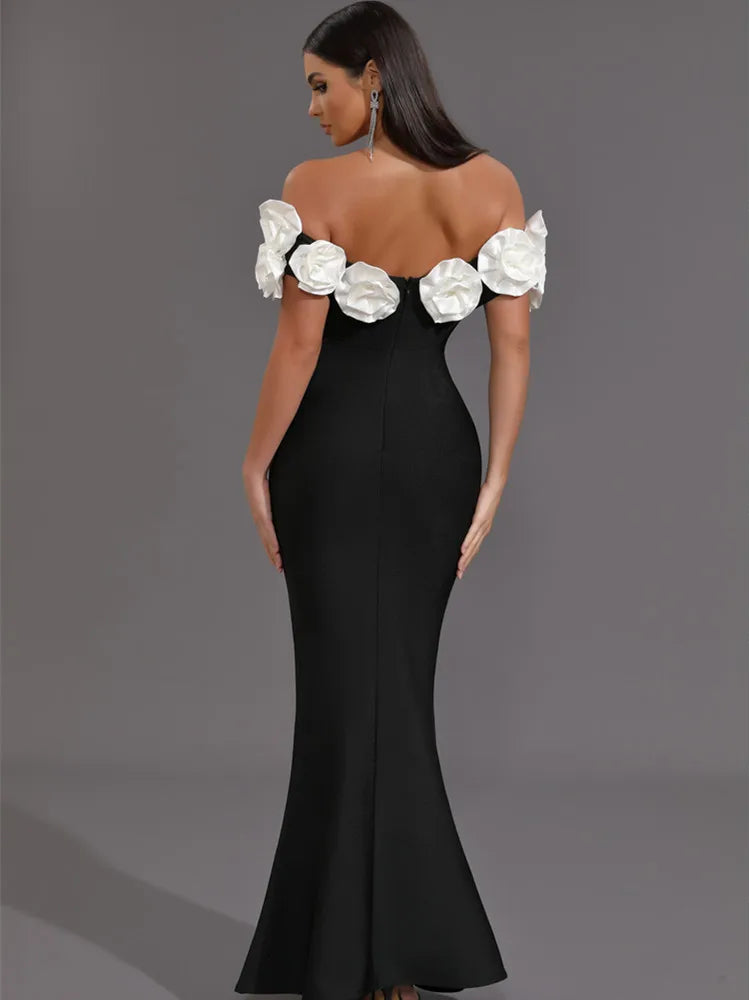 Floral Bardot Maxi Dress Black White HV1469