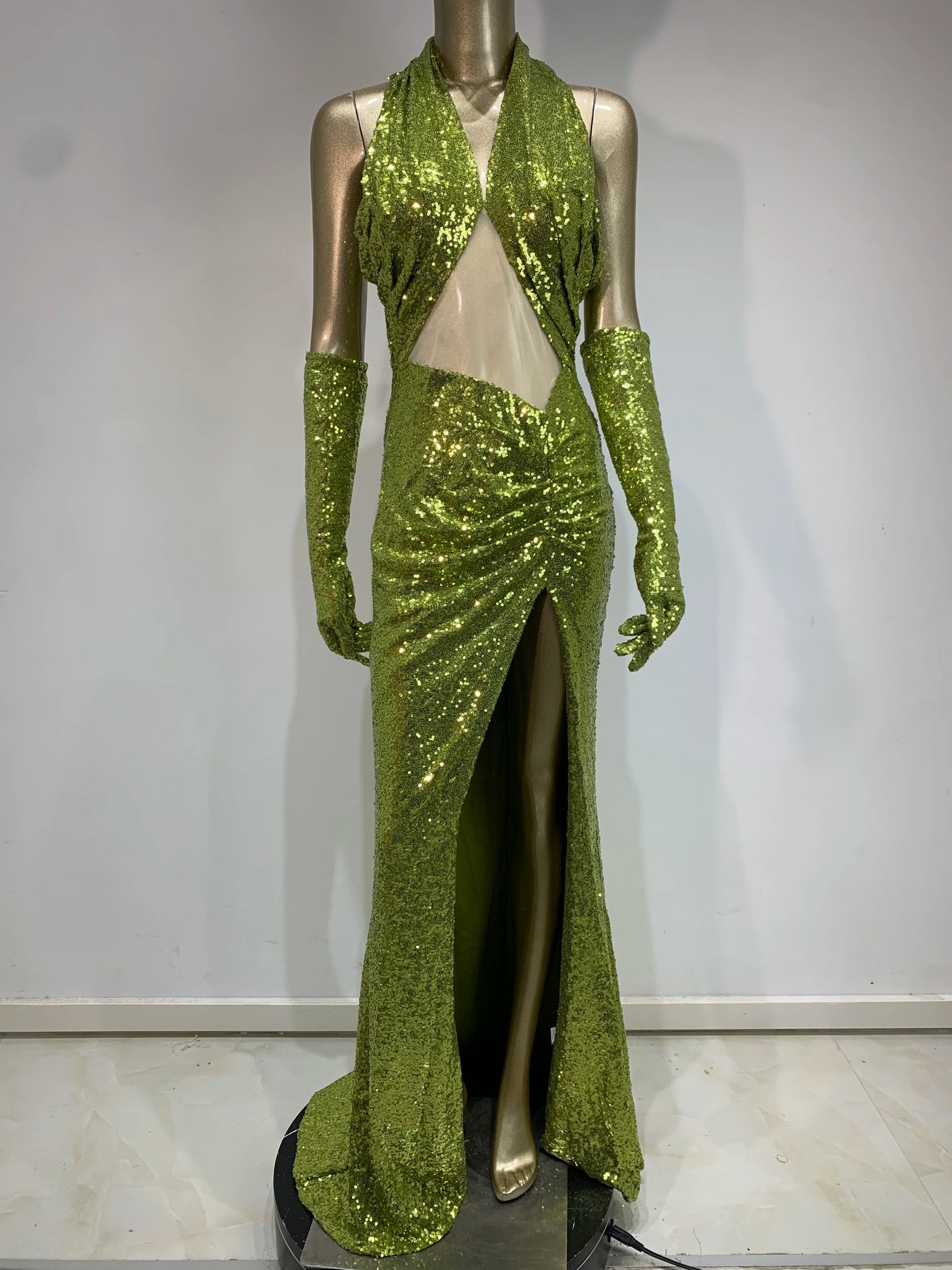 Halter Draped Sequin Maxi Dress Green HV1141