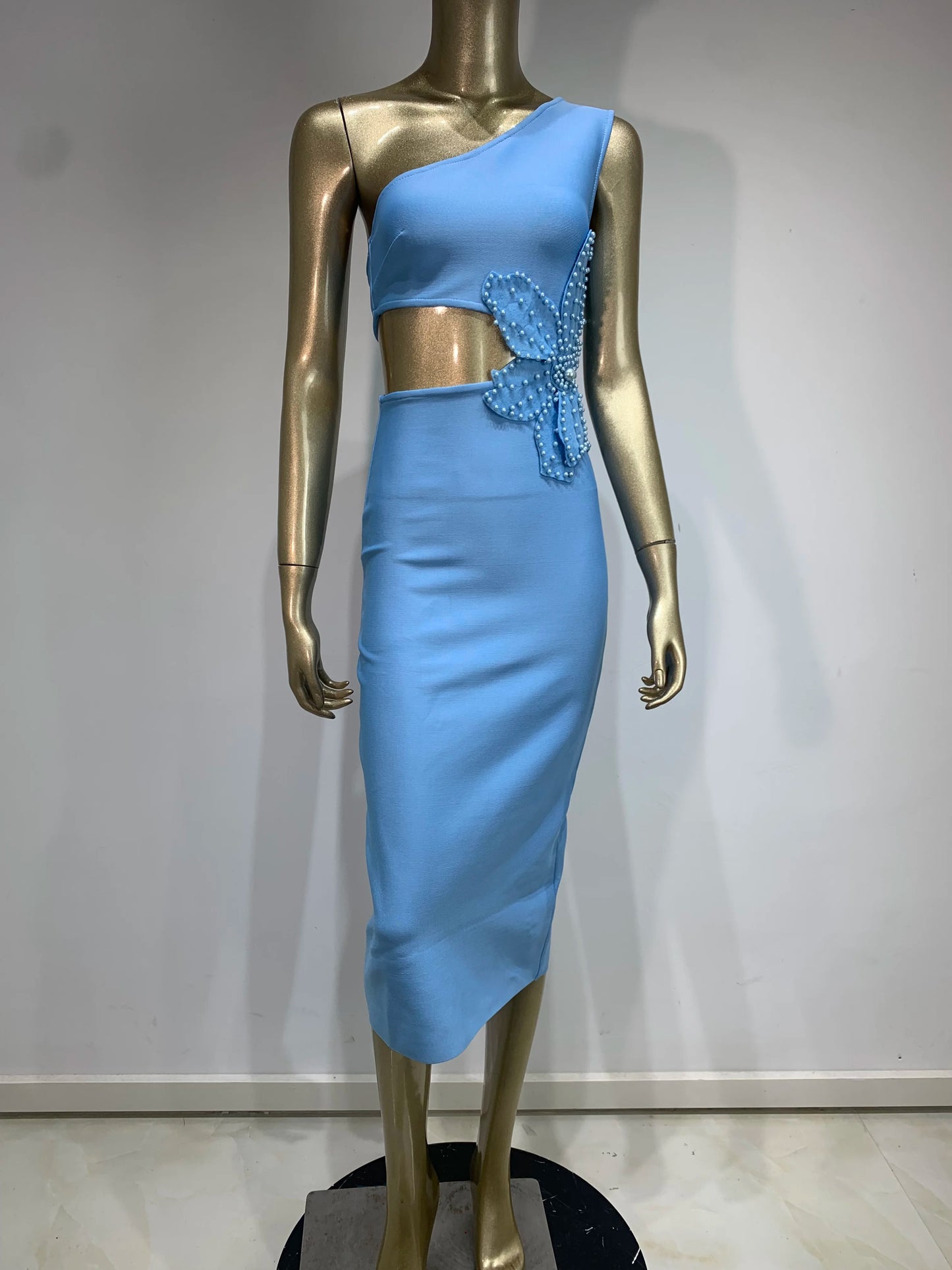 One Shoulder Pearl Flower Midi Dress Blue HV1188
