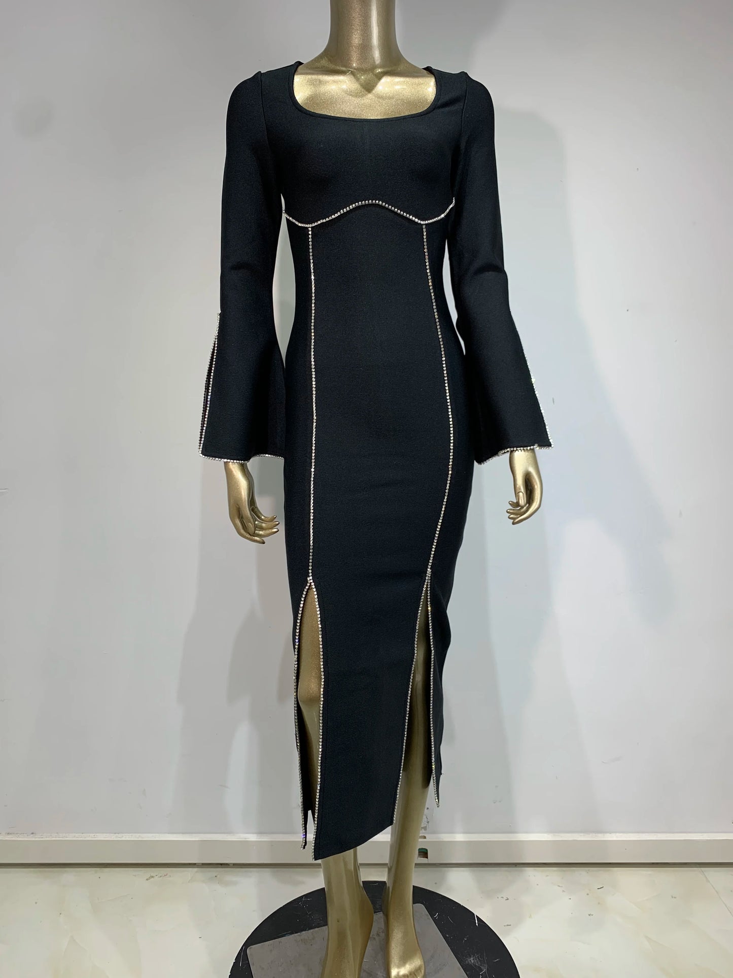 Long Sleeve Crystal Trim Midi Dress Black