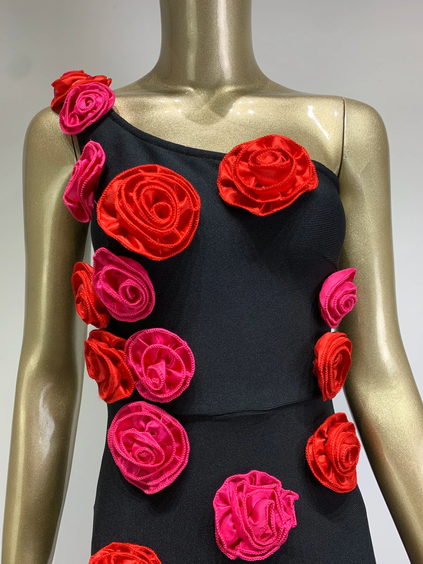 One Shoulder Rose Detail Midi Dress Black HV1094