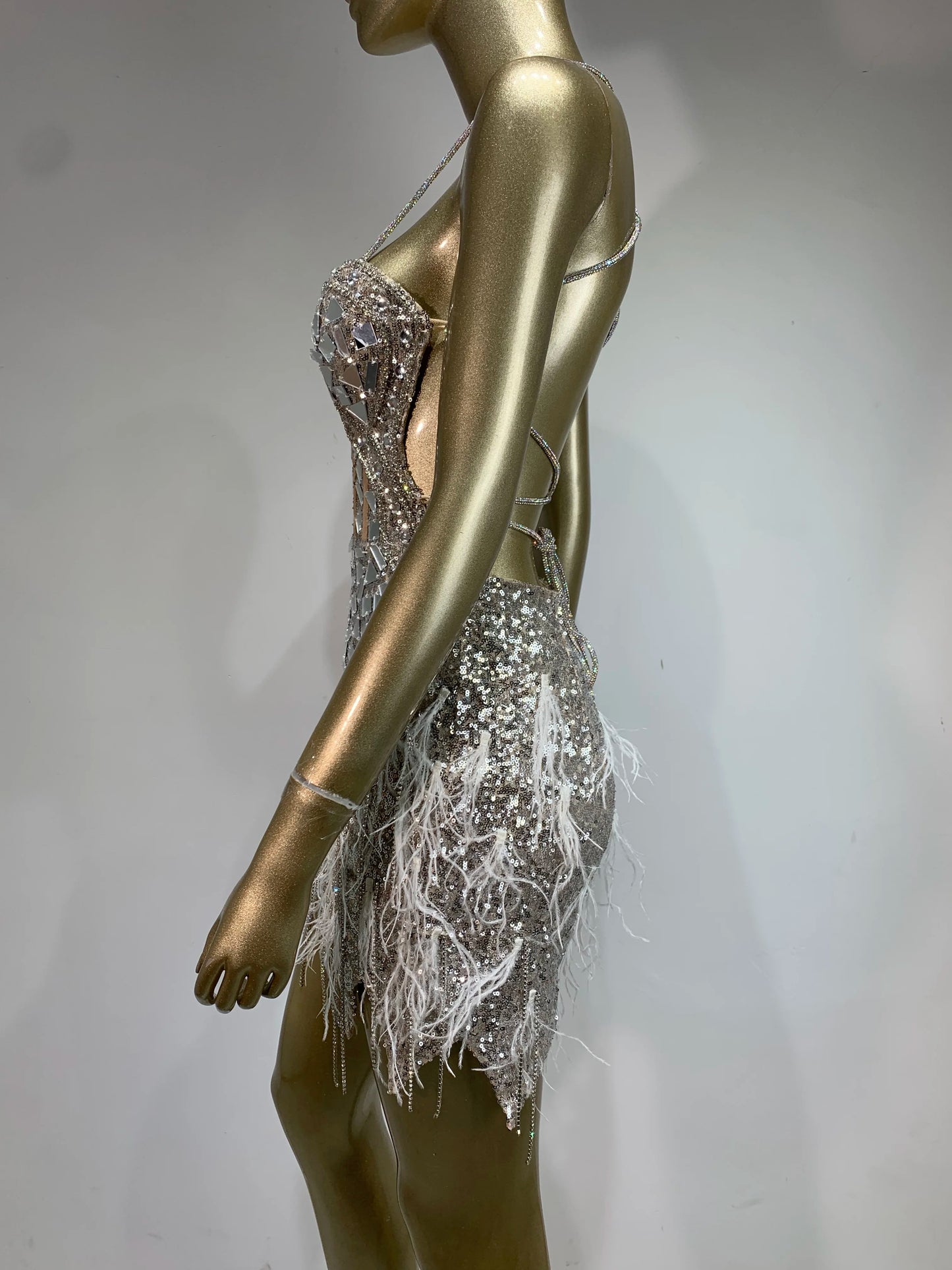 Halter Crystal Feather Sequin Dress Silver HV1442