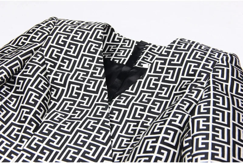 Long Sleeve Button Blazer Dress Black White