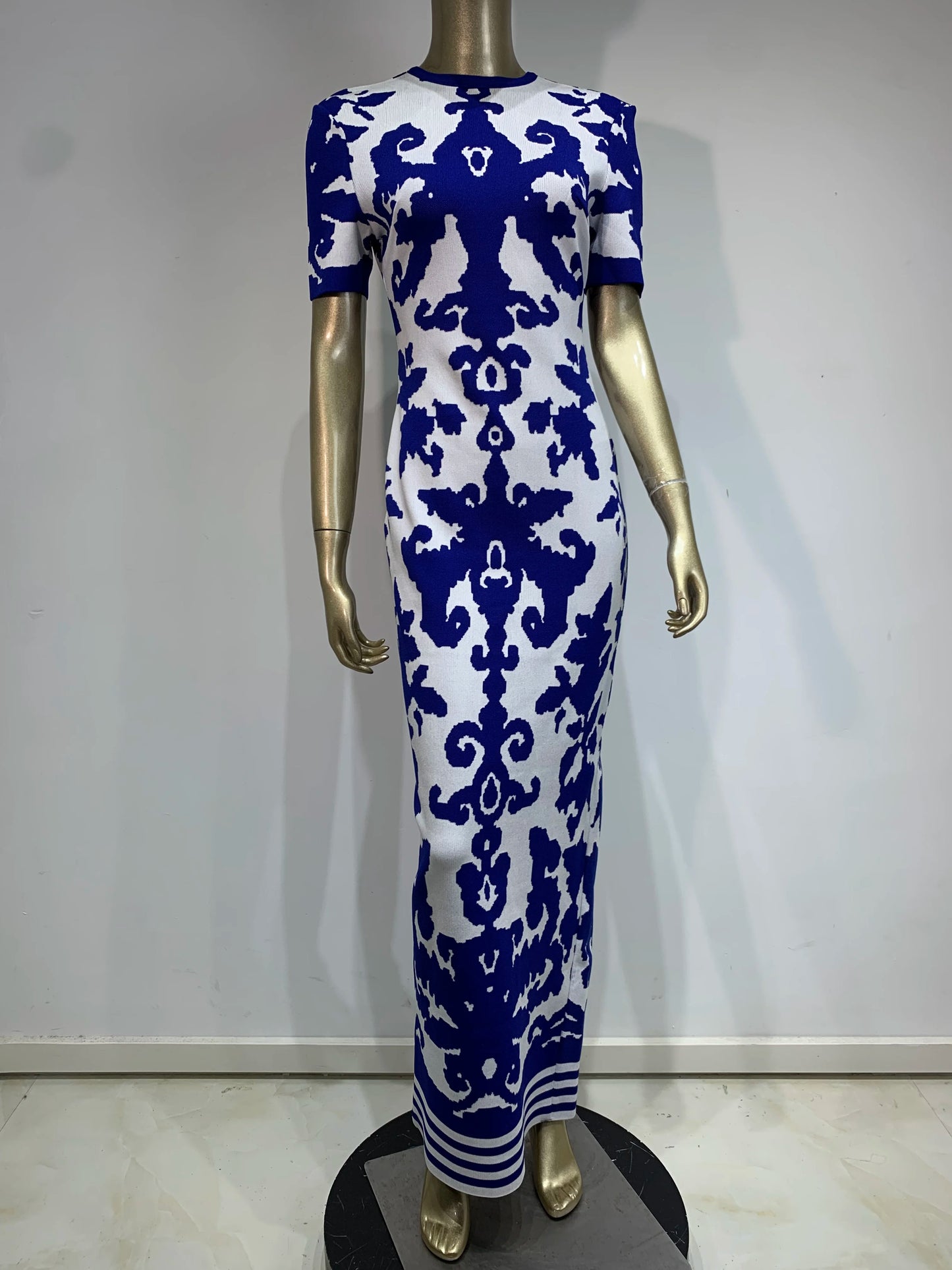 Short Sleeve Printed Maxi Dress Blue White HV1737
