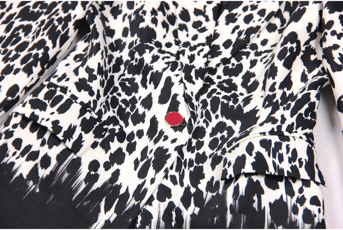Long Sleeve Animal Print Blazer Black White