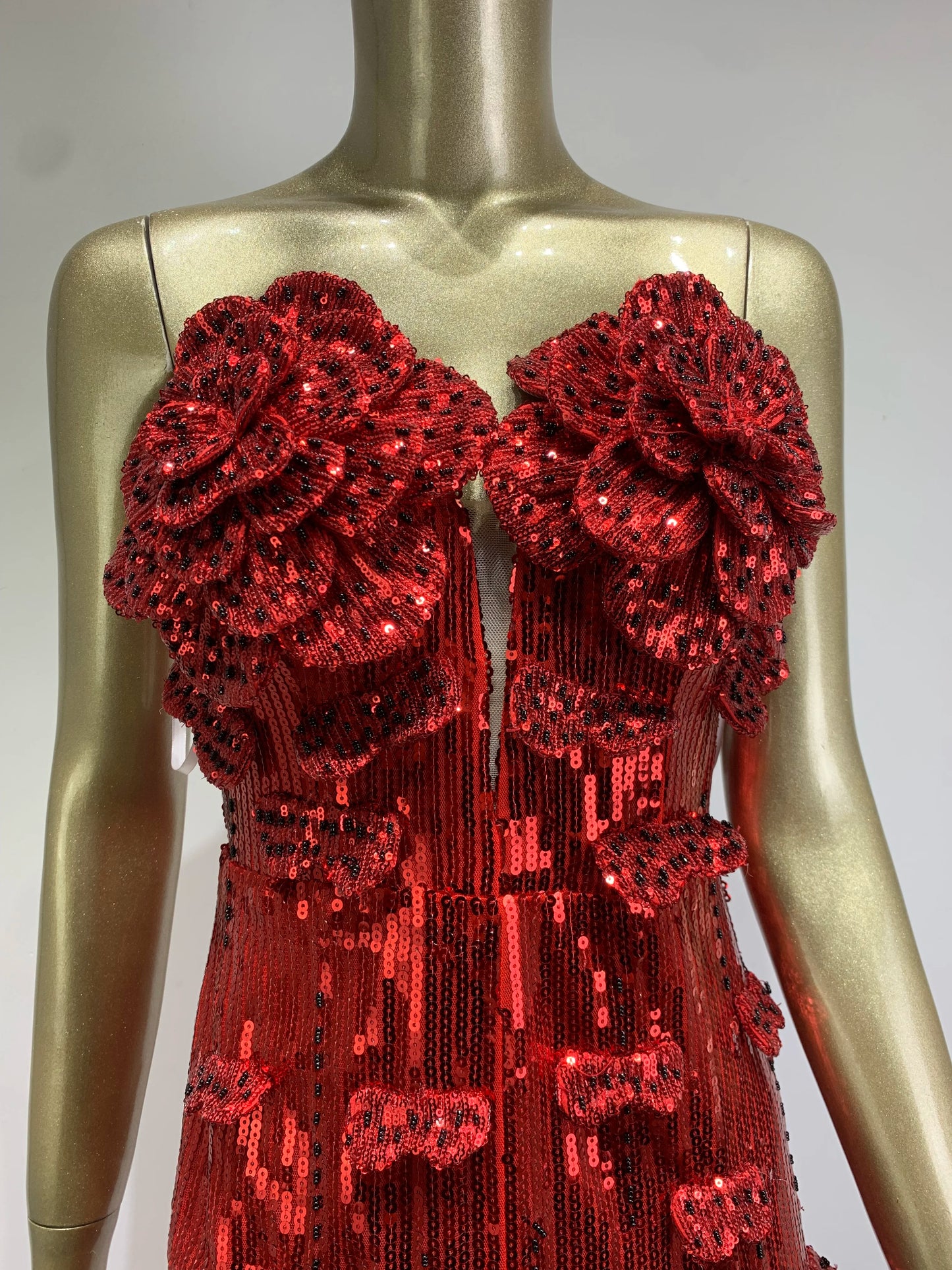 Strapless Flower Sequin Maxi Dress Red HV1007