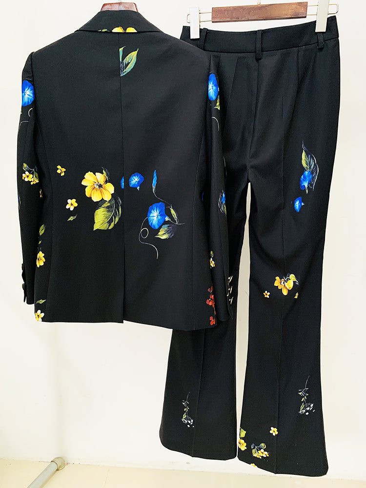 Long Sleeve Floral Design Suit Black