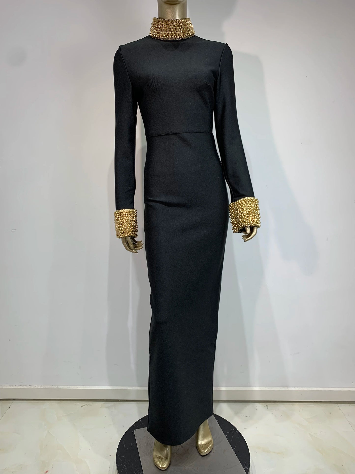 Long Sleeve Embellished Backless Maxi Dress Black HV1739