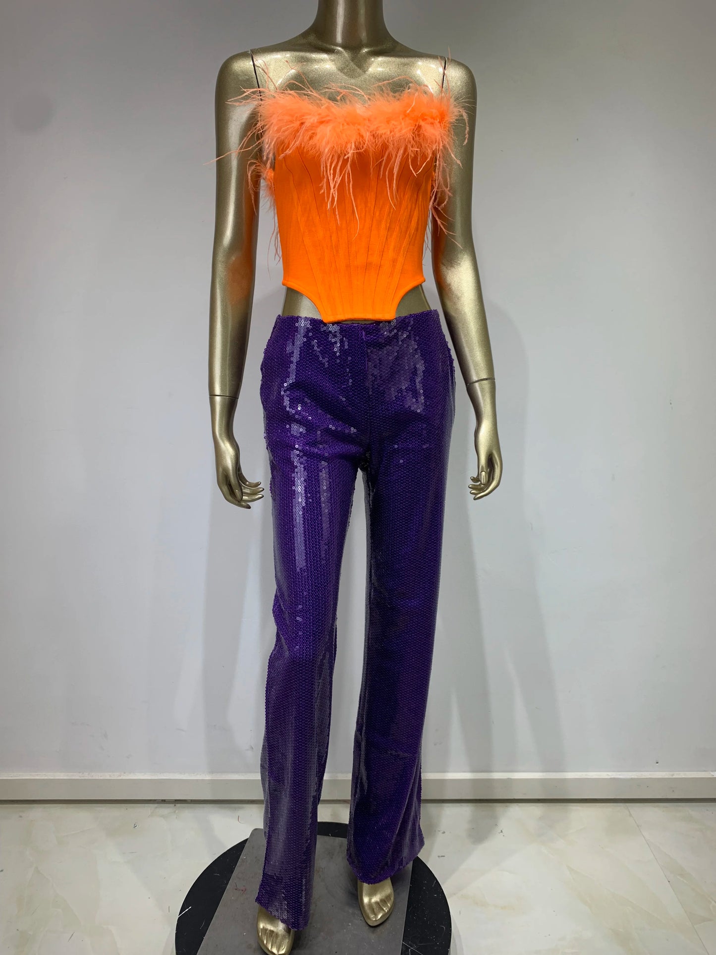 Strapless Feather Two Piece Jumpsuit Orange Purple HV9937