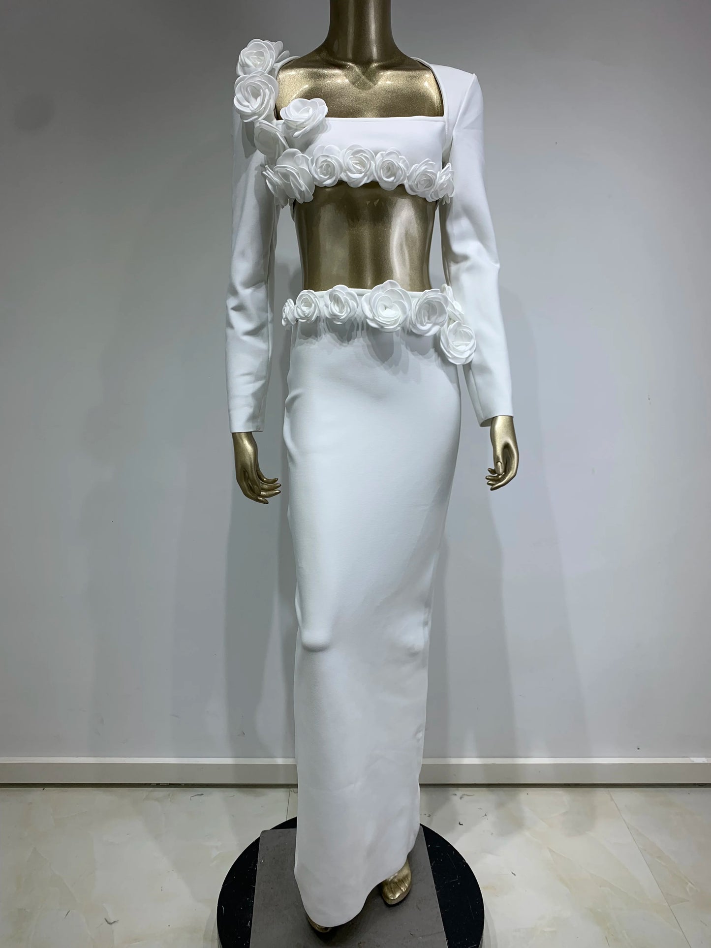 Long Sleeve Flower Detail Two Piece Maxi Dress White HV1155