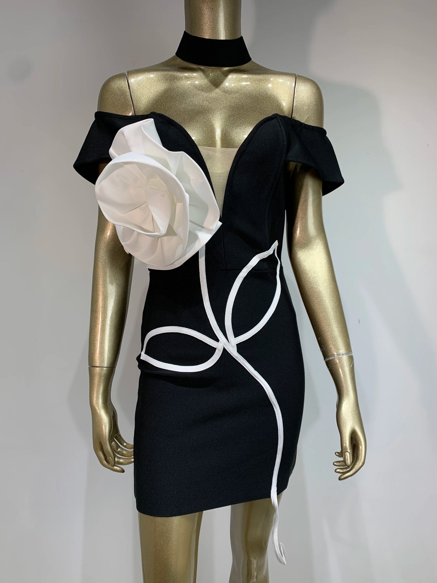 Floral Bardot Dress Black White HV1595