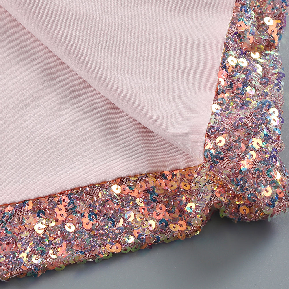 Feather Detail Sequin Midi Dress Pink White