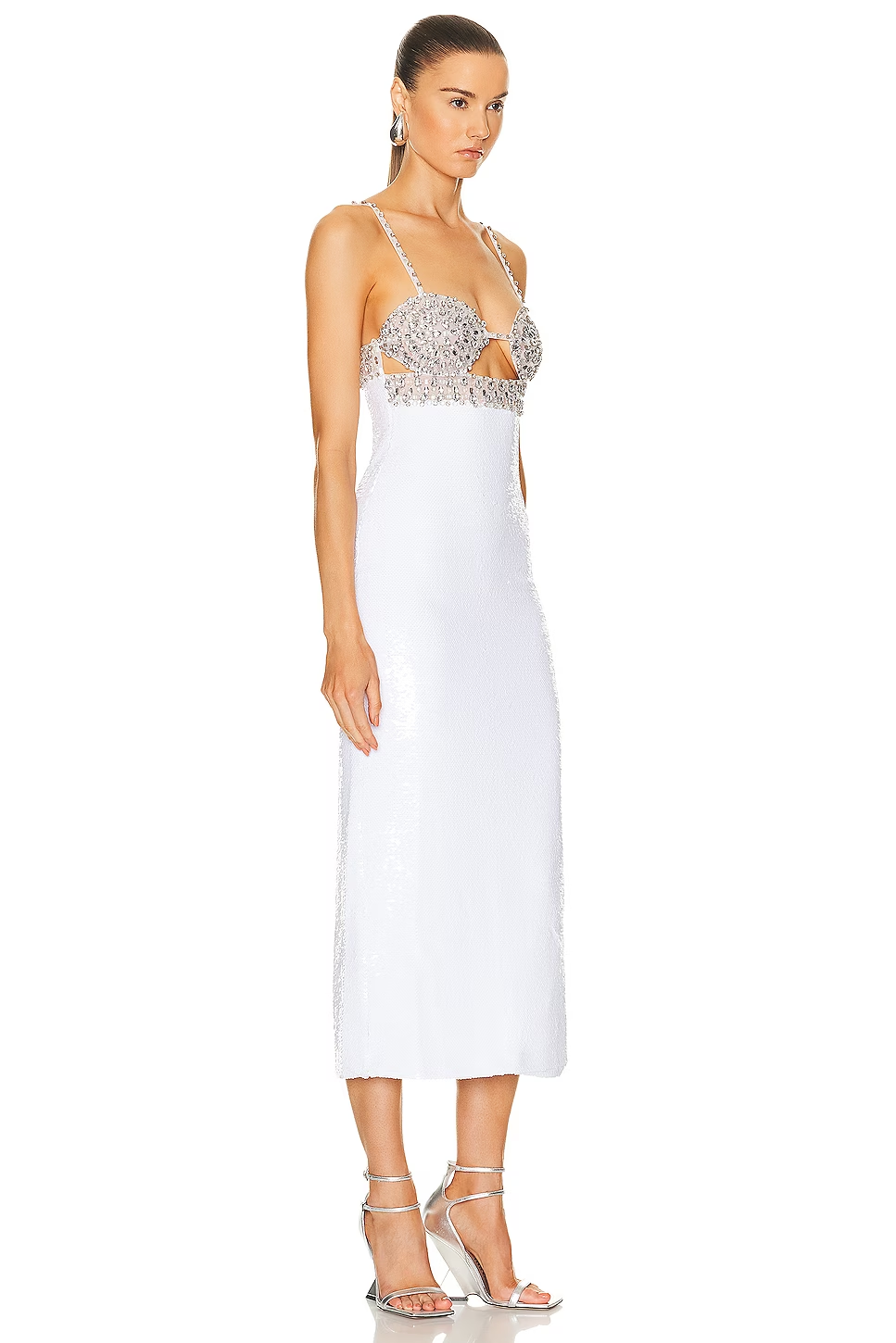 Crystal Bustier Sequin Midi Dress Nude White
