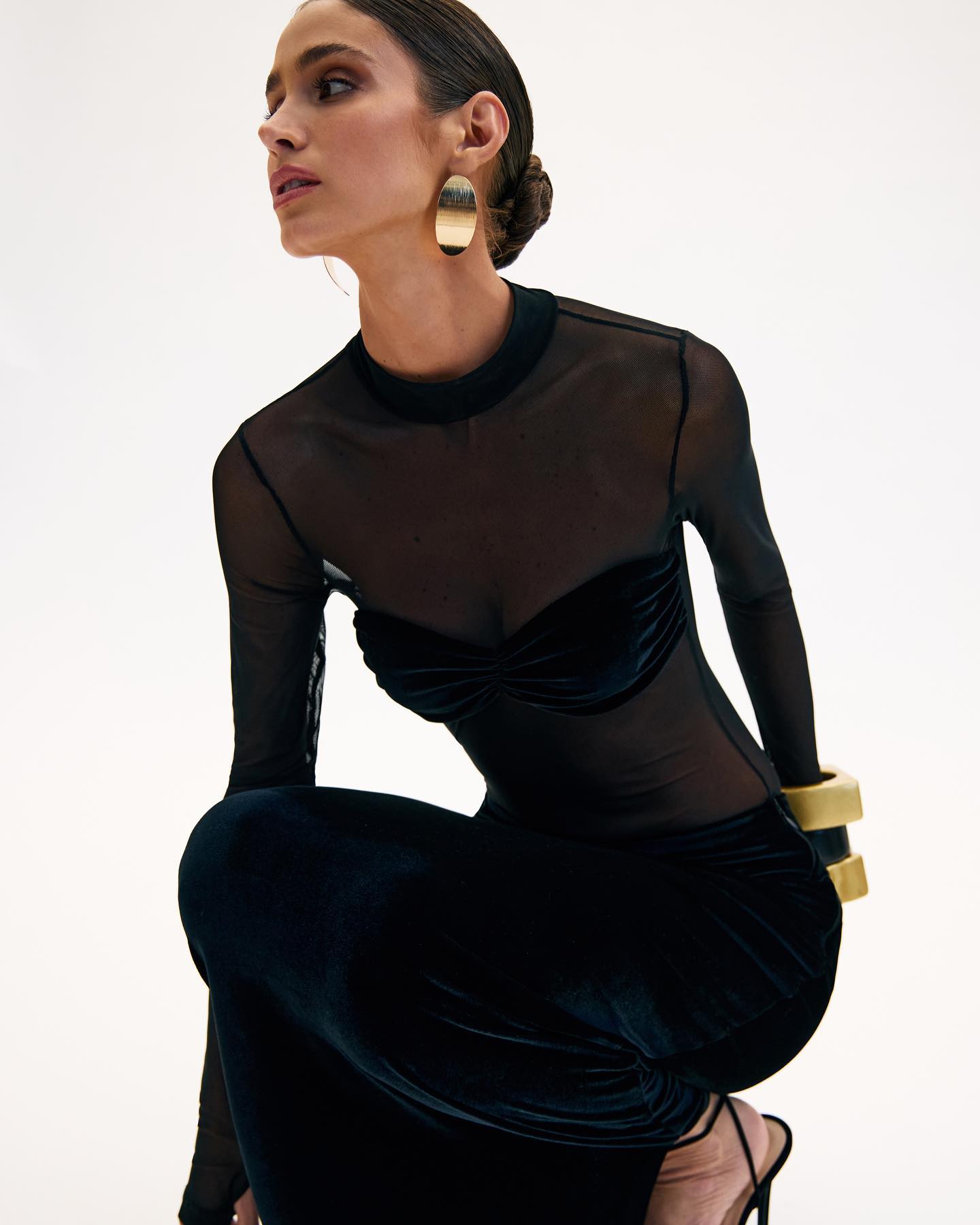 Long Sleeve Bustier Mesh Maxi Dress Black HV1537