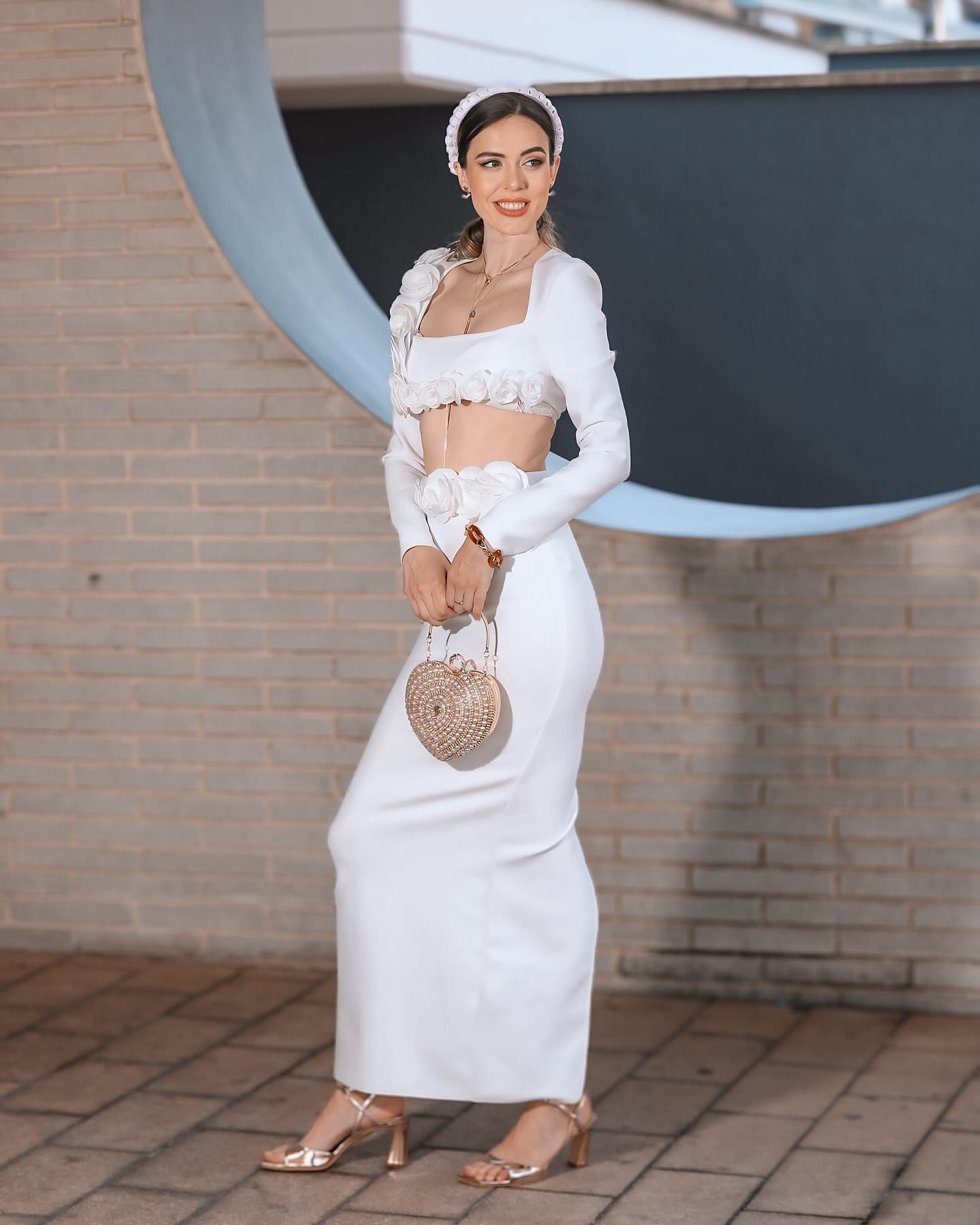 Long Sleeve Flower Detail Two Piece Maxi Dress White HV1155