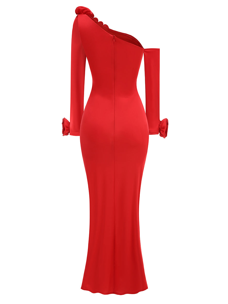 Long Sleeve Floral Bardot Maxi Dress Red