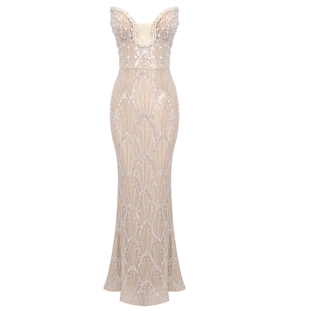 Strapless Pearl Sequin Bustier Maxi Dress Nude HV1781