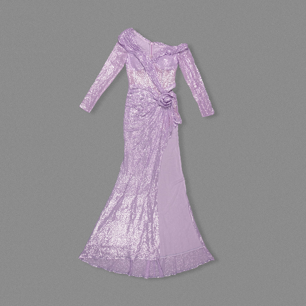 Long Sleeve Floral Sequin Maxi Dress Lavender HV1797