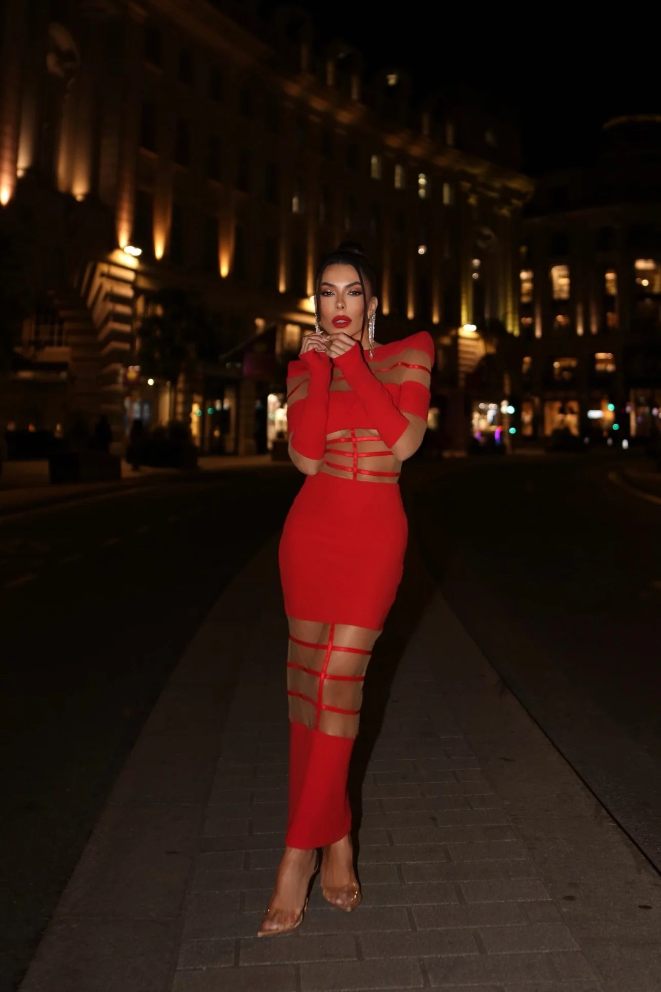 Long Sleeve Mesh Insert Midi Dress HV1502