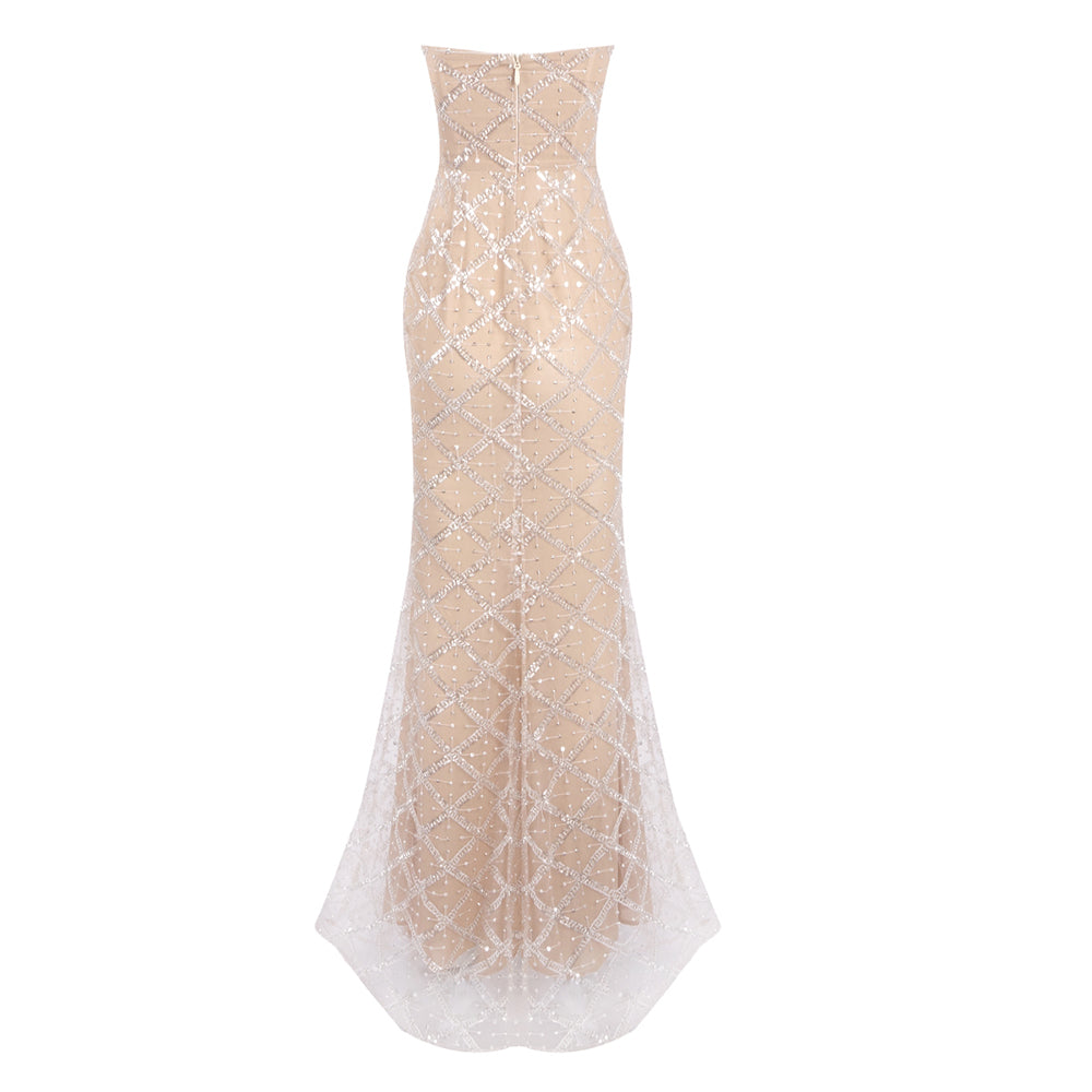 Strapless Crystal Sequin Bustier Maxi Dress Nude HV2145