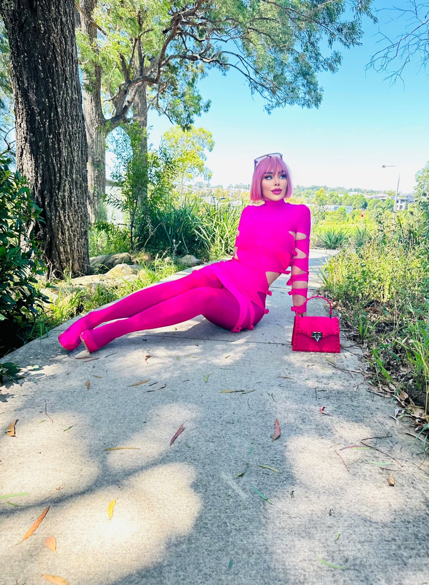 Long Sleeve Side Cut Out Dress Hot Pink HV9160