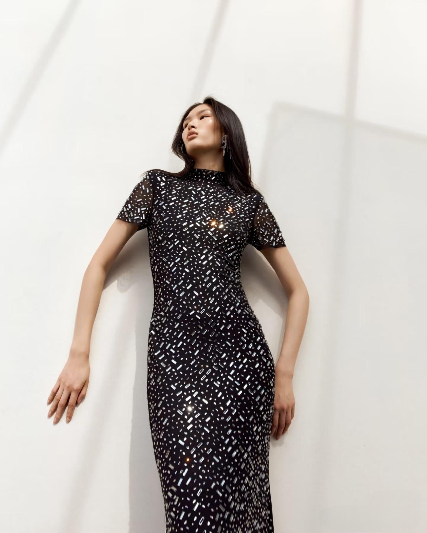 Short Sleeve Crystal Mesh Maxi Dress Black HV2209