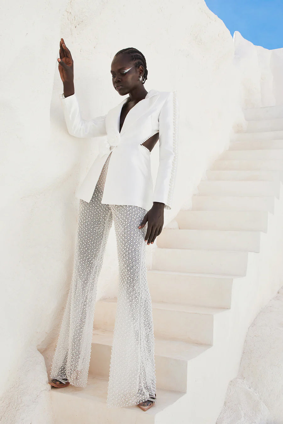 Long Sleeve Pearl Silk Suit White HV9953