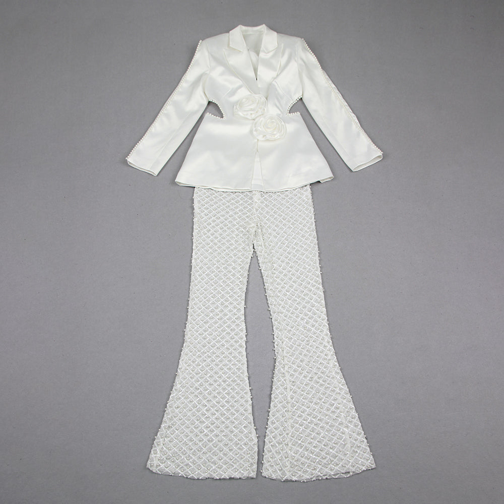 Long Sleeve Pearl Silk Suit White HV9953