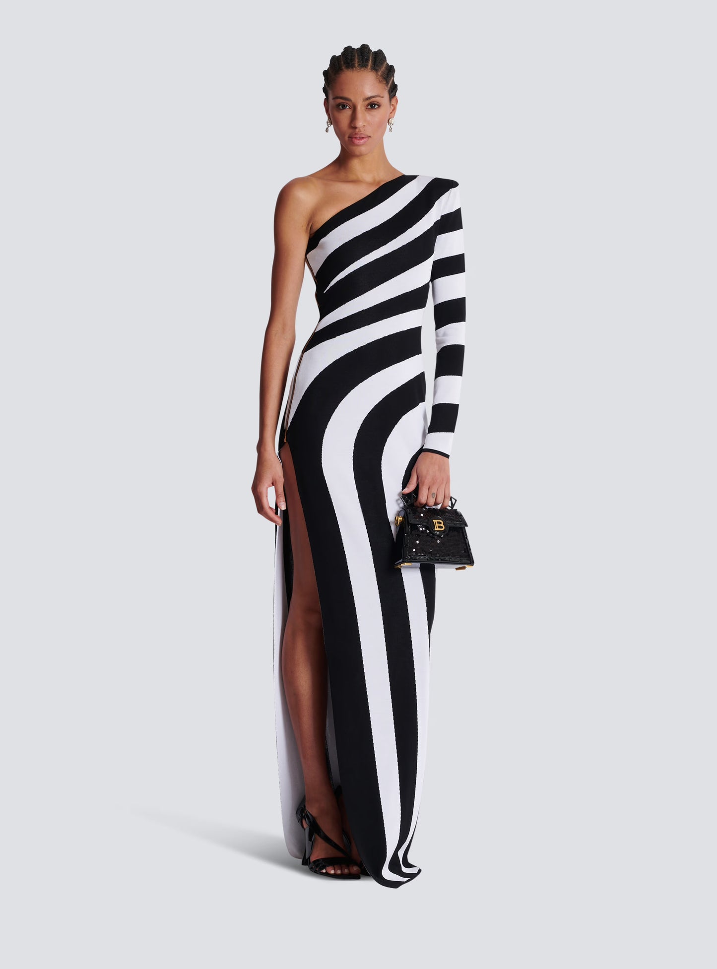 One Sleeve Striped Maxi Dress Black White HV1823