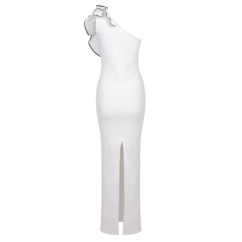 One Shoulder Ruffle Maxi Dress White HV1038