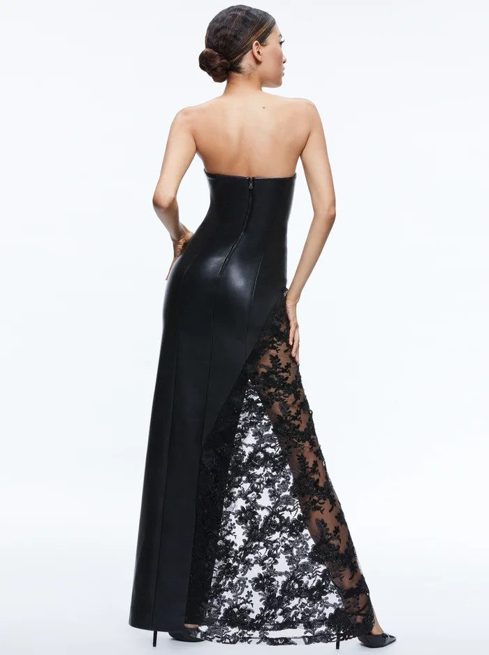 Strapless Sequin Lace Maxi Faux Leather Dress Black