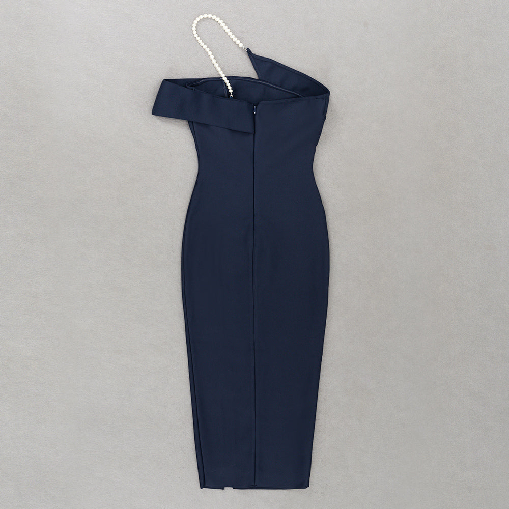 One Shoulder Pearl Midi Dress Navy Blue HV9313