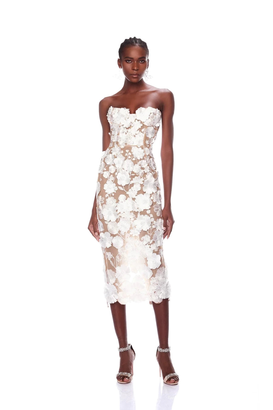 Strapless Bustier Floral Lace Midi Dress White HV1017