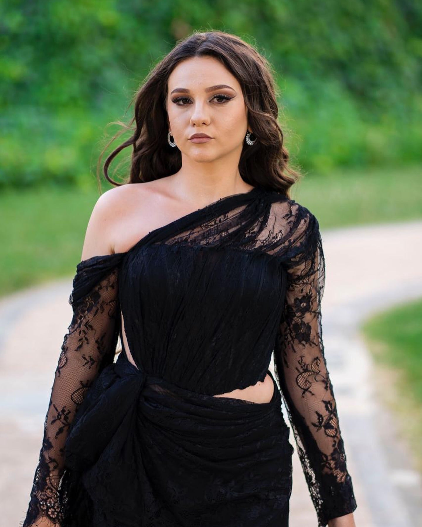 Long Sleeve Draped Lace Maxi Dress Black HV1744