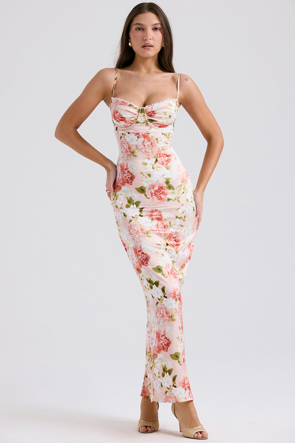 Bustier Lace Floral Maxi Dress Pink